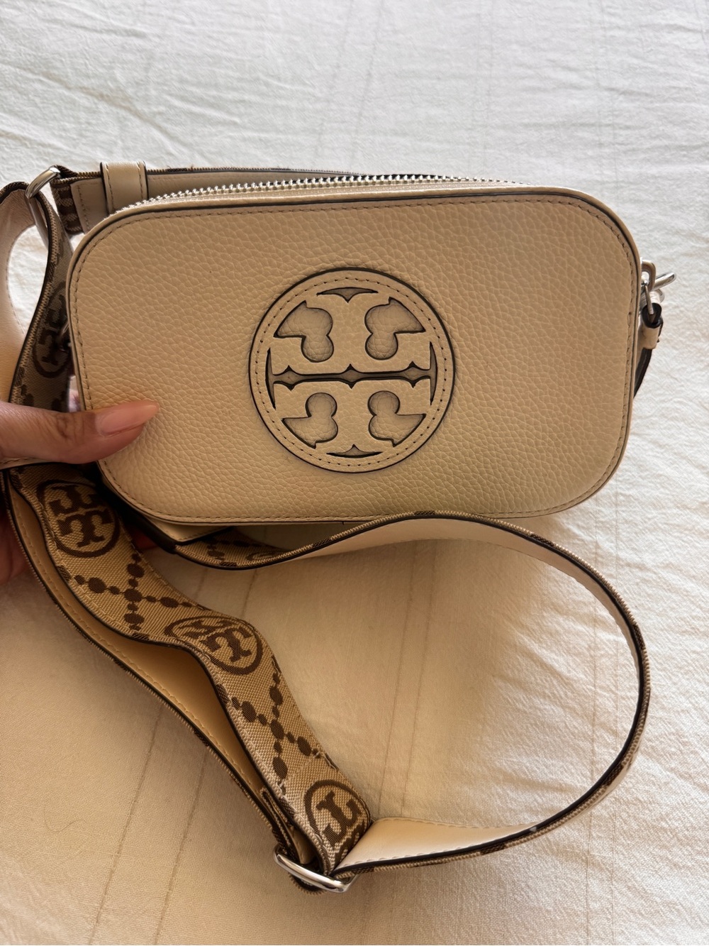 Tory Burch Beige Pebbled Leather Logo Camera Crossbody